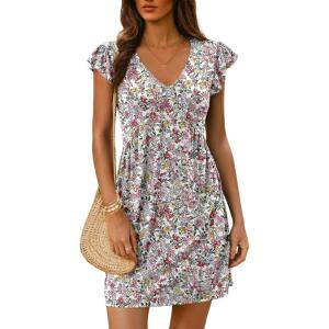 imageDokotoo Womens Summer Dresses Beach 2025 Casual Deep V Neck Loose Sundress Ruffle Sleeve Mini DressWhite