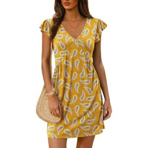 imageDokotoo Womens Summer Dresses Beach 2025 Casual Deep V Neck Loose Sundress Ruffle Sleeve Mini DressYellow