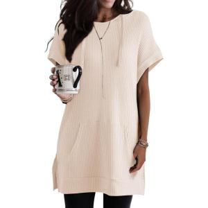 imageDokotoo Womens Summer Oversized Shirts 2025 Short Sleeve Drawstring Hoodies Waffle Knit Side Slit Tunic Tops with PocketApricot