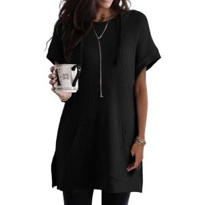 imageDokotoo Womens Summer Oversized Shirts 2025 Short Sleeve Drawstring Hoodies Waffle Knit Side Slit Tunic Tops with PocketBlack