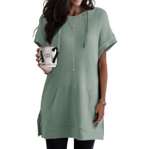 imageDokotoo Womens Summer Oversized Shirts 2025 Short Sleeve Drawstring Hoodies Waffle Knit Side Slit Tunic Tops with PocketGreen