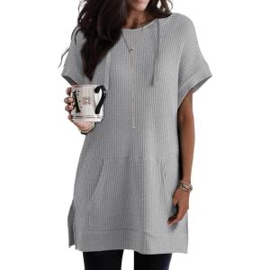 imageDokotoo Womens Summer Oversized Shirts 2025 Short Sleeve Drawstring Hoodies Waffle Knit Side Slit Tunic Tops with PocketGrey