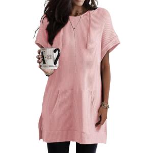 imageDokotoo Womens Summer Oversized Shirts 2025 Short Sleeve Drawstring Hoodies Waffle Knit Side Slit Tunic Tops with PocketPink