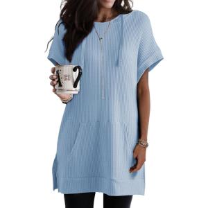 imageDokotoo Womens Summer Oversized Shirts 2025 Short Sleeve Drawstring Hoodies Waffle Knit Side Slit Tunic Tops with PocketSky Blue