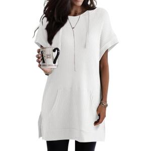 imageDokotoo Womens Summer Oversized Shirts 2025 Short Sleeve Drawstring Hoodies Waffle Knit Side Slit Tunic Tops with PocketWhite