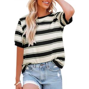 imageDokotoo Womens Summer Tops 2025 Striped Color Block Short Sleeve TShirts Crewneck Casual Loose Basic Tee BlousesBlack White