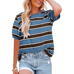 imageDokotoo Womens Summer Tops 2025 Striped Color Block Short Sleeve TShirts Crewneck Casual Loose Basic Tee BlousesBlue Brown