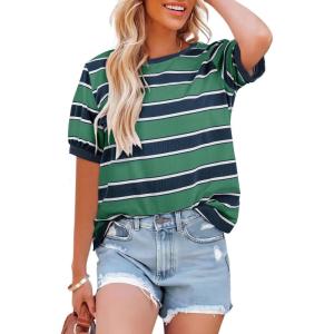 imageDokotoo Womens Summer Tops 2025 Striped Color Block Short Sleeve TShirts Crewneck Casual Loose Basic Tee BlousesGreen Blue