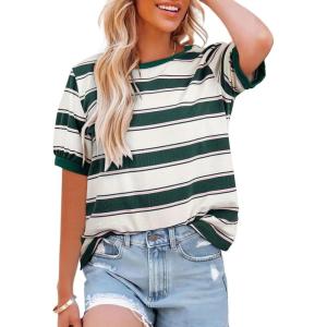 imageDokotoo Womens Summer Tops 2025 Striped Color Block Short Sleeve TShirts Crewneck Casual Loose Basic Tee BlousesGreen White