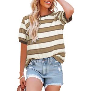 imageDokotoo Womens Summer Tops 2025 Striped Color Block Short Sleeve TShirts Crewneck Casual Loose Basic Tee BlousesKhaki White