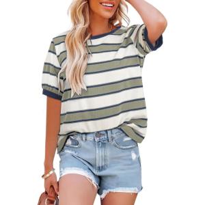 imageDokotoo Womens Summer Tops 2025 Striped Color Block Short Sleeve TShirts Crewneck Casual Loose Basic Tee BlousesLight Green White