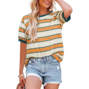 imageDokotoo Womens Summer Tops 2025 Striped Color Block Short Sleeve TShirts Crewneck Casual Loose Basic Tee BlousesOrange White