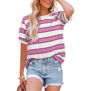 imageDokotoo Womens Summer Tops 2025 Striped Color Block Short Sleeve TShirts Crewneck Casual Loose Basic Tee BlousesPink