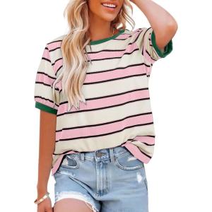 imageDokotoo Womens Summer Tops 2025 Striped Color Block Short Sleeve TShirts Crewneck Casual Loose Basic Tee BlousesPink White