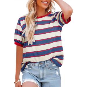 imageDokotoo Womens Summer Tops 2025 Striped Color Block Short Sleeve TShirts Crewneck Casual Loose Basic Tee BlousesRed