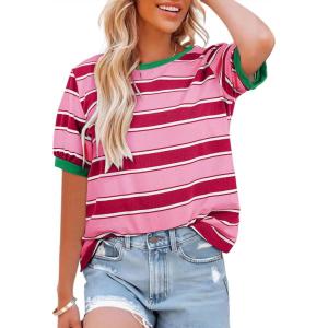 imageDokotoo Womens Summer Tops 2025 Striped Color Block Short Sleeve TShirts Crewneck Casual Loose Basic Tee BlousesRosy Red