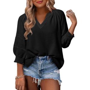 imageDokotoo Womens Summer Tops 34 Lantern Sleeve Casual VNeck TShirts Pleated Loose Tunic HollowOut BlouseBlack