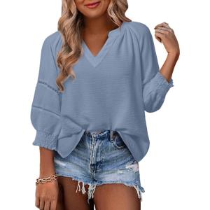 imageDokotoo Womens Summer Tops 34 Lantern Sleeve Casual VNeck TShirts Pleated Loose Tunic HollowOut BlouseBlue