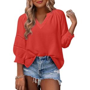 imageDokotoo Womens Summer Tops 34 Lantern Sleeve Casual VNeck TShirts Pleated Loose Tunic HollowOut BlouseOrange