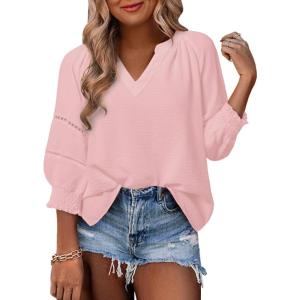 imageDokotoo Womens Summer Tops 34 Lantern Sleeve Casual VNeck TShirts Pleated Loose Tunic HollowOut BlousePink