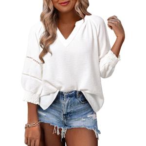 imageDokotoo Womens Summer Tops 34 Lantern Sleeve Casual VNeck TShirts Pleated Loose Tunic HollowOut BlouseWhite