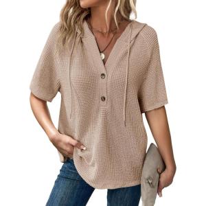 imageDokotoo Womens Summer Tops Waffle Knit Short Sleeve Lightweight Drawstring Hoodies Button V Neck Casual Blouses ShirtsApricot