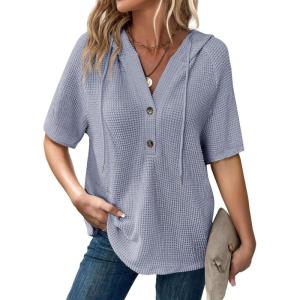 imageDokotoo Womens Summer Tops Waffle Knit Short Sleeve Lightweight Drawstring Hoodies Button V Neck Casual Blouses ShirtsBeau Blue