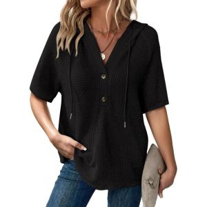 imageDokotoo Womens Summer Tops Waffle Knit Short Sleeve Lightweight Drawstring Hoodies Button V Neck Casual Blouses ShirtsBlack
