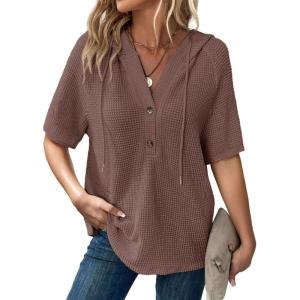imageDokotoo Womens Summer Tops Waffle Knit Short Sleeve Lightweight Drawstring Hoodies Button V Neck Casual Blouses ShirtsCoffee