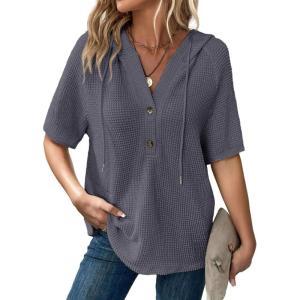 imageDokotoo Womens Summer Tops Waffle Knit Short Sleeve Lightweight Drawstring Hoodies Button V Neck Casual Blouses ShirtsDark Grey
