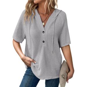 imageDokotoo Womens Summer Tops Waffle Knit Short Sleeve Lightweight Drawstring Hoodies Button V Neck Casual Blouses ShirtsGrey