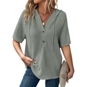 imageDokotoo Womens Summer Tops Waffle Knit Short Sleeve Lightweight Drawstring Hoodies Button V Neck Casual Blouses ShirtsMist Green
