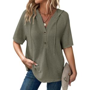 imageDokotoo Womens Summer Tops Waffle Knit Short Sleeve Lightweight Drawstring Hoodies Button V Neck Casual Blouses ShirtsMoss Green