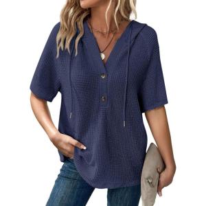 imageDokotoo Womens Summer Tops Waffle Knit Short Sleeve Lightweight Drawstring Hoodies Button V Neck Casual Blouses ShirtsNavy Blue
