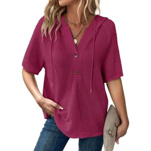 imageDokotoo Womens Summer Tops Waffle Knit Short Sleeve Lightweight Drawstring Hoodies Button V Neck Casual Blouses ShirtsPitaya Pink