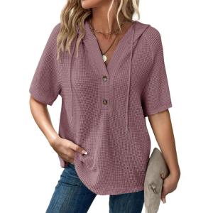 imageDokotoo Womens Summer Tops Waffle Knit Short Sleeve Lightweight Drawstring Hoodies Button V Neck Casual Blouses ShirtsPurple