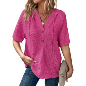 imageDokotoo Womens Summer Tops Waffle Knit Short Sleeve Lightweight Drawstring Hoodies Button V Neck Casual Blouses ShirtsRosy