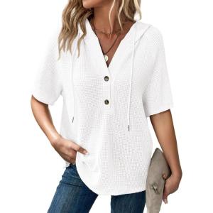 imageDokotoo Womens Summer Tops Waffle Knit Short Sleeve Lightweight Drawstring Hoodies Button V Neck Casual Blouses ShirtsWhite