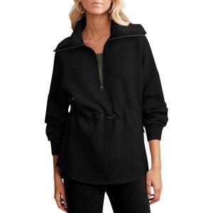 imageDokotoo Womens Sweatshirt Oversized Half Zip Up Drawstring Waist Long Sleeve Side Slits Soft Casual Pullover Sweatshirts TopsBlack