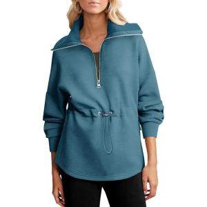 imageDokotoo Womens Sweatshirt Oversized Half Zip Up Drawstring Waist Long Sleeve Side Slits Soft Casual Pullover Sweatshirts TopsBlue