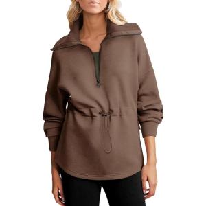 imageDokotoo Womens Sweatshirt Oversized Half Zip Up Drawstring Waist Long Sleeve Side Slits Soft Casual Pullover Sweatshirts TopsBrown