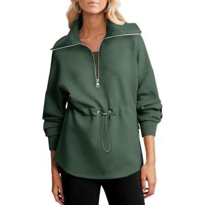 imageDokotoo Womens Sweatshirt Oversized Half Zip Up Drawstring Waist Long Sleeve Side Slits Soft Casual Pullover Sweatshirts TopsDark Green