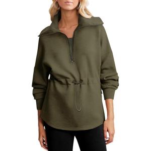 imageDokotoo Womens Sweatshirt Oversized Half Zip Up Drawstring Waist Long Sleeve Side Slits Soft Casual Pullover Sweatshirts TopsGreen