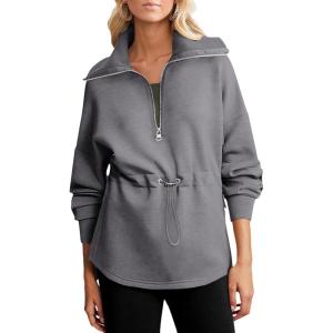 imageDokotoo Womens Sweatshirt Oversized Half Zip Up Drawstring Waist Long Sleeve Side Slits Soft Casual Pullover Sweatshirts TopsGrey