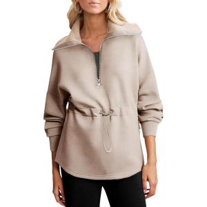 imageDokotoo Womens Sweatshirt Oversized Half Zip Up Drawstring Waist Long Sleeve Side Slits Soft Casual Pullover Sweatshirts TopsKhaki