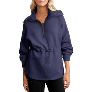 imageDokotoo Womens Sweatshirt Oversized Half Zip Up Drawstring Waist Long Sleeve Side Slits Soft Casual Pullover Sweatshirts TopsNavy Blue