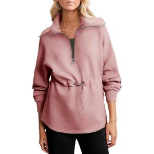 imageDokotoo Womens Sweatshirt Oversized Half Zip Up Drawstring Waist Long Sleeve Side Slits Soft Casual Pullover Sweatshirts TopsPink