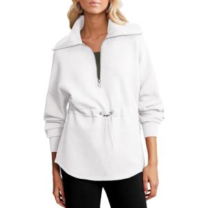 imageDokotoo Womens Sweatshirt Oversized Half Zip Up Drawstring Waist Long Sleeve Side Slits Soft Casual Pullover Sweatshirts TopsWhite