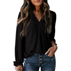 imageDokotoo Womens Tops Casual Pleated V Neck Puff Long Sleeve T Shirts Loose Tunic Business BlouseBlack