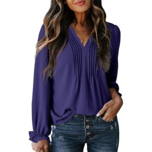 imageDokotoo Womens Tops Casual Pleated V Neck Puff Long Sleeve T Shirts Loose Tunic Business BlouseBlue